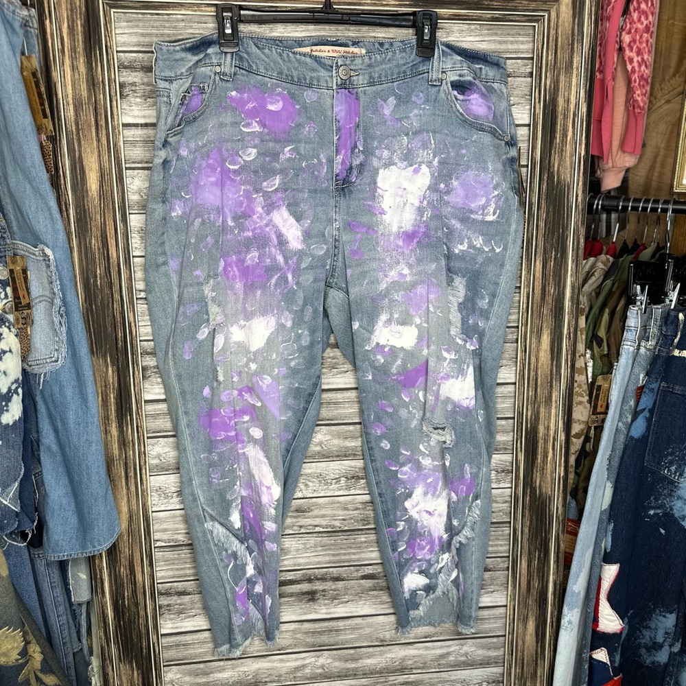 Artisan Handmade UpCycled Repurposed Stretch Denim Barrel Jeans Handpainted plus